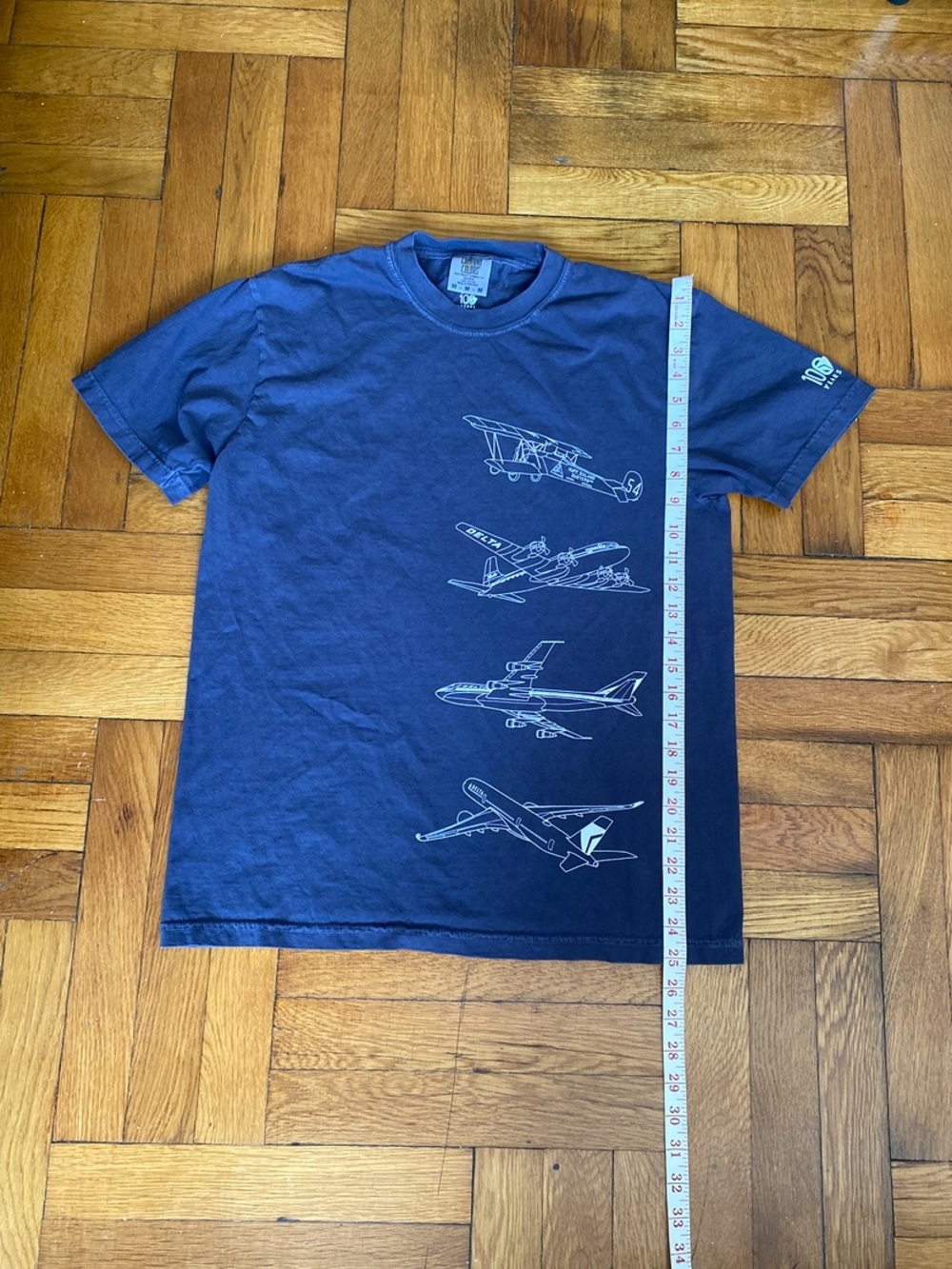 Delta Air Lines 100 Years Airplane Graphic T-Shirt Blue Size Medium